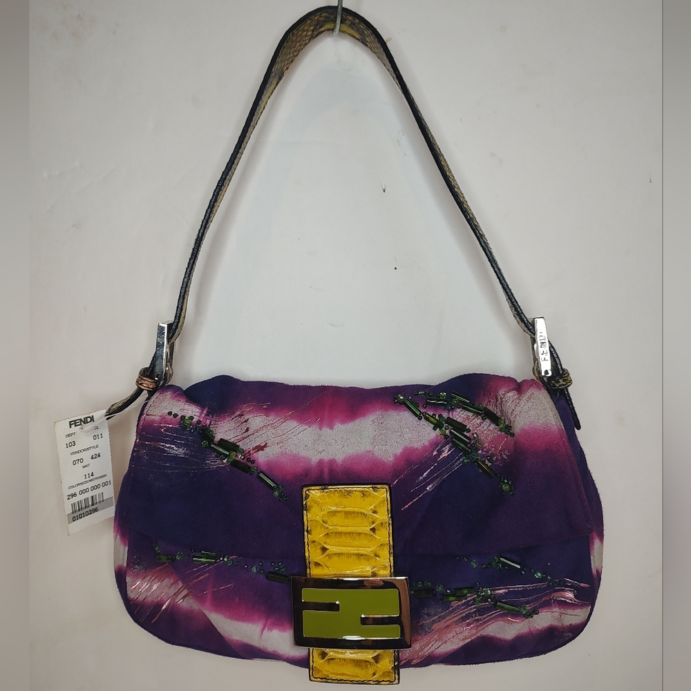 Fendi Suede Baguette Shoulder Bag NWT Beaded Python Flap Handbag Clutch Purple - Picture 2 of 16